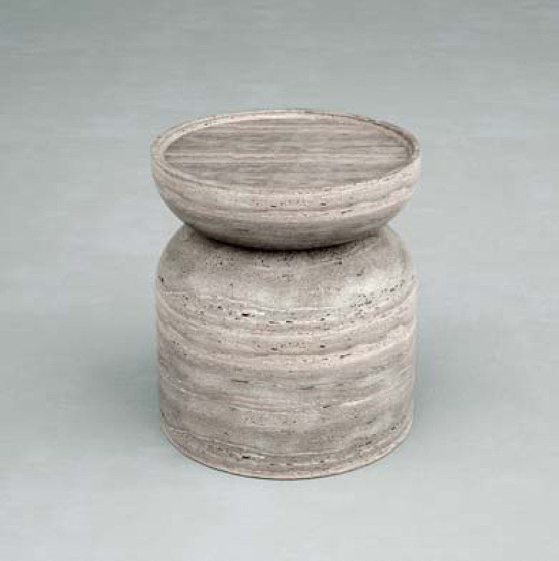 Grey banded stone side table with a shallow bowl-shaped top and rounded cylindrical base