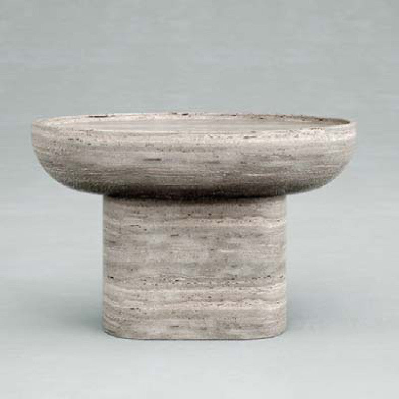Grey banded stone side table with a rounded rectangular top and broad low pedestal