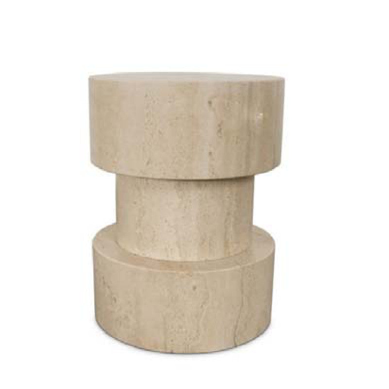 Beige stone side table with a cylindrical body and a recessed middle section