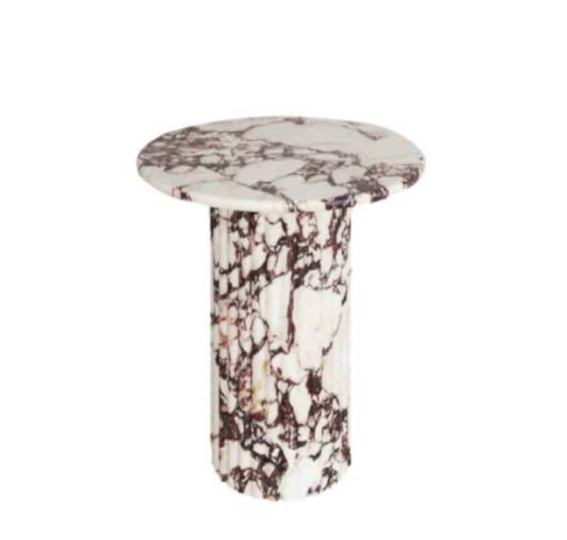 White and purple-veined stone side table with a thin round top and cylindrical pedestal