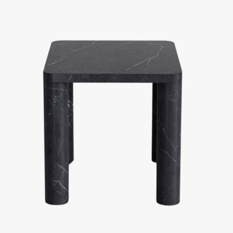 Black veined stone side table with a rounded square top and four cylindrical legs