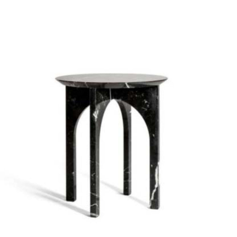 Dark green veined stone side table with a round top and intersecting arched slab supports