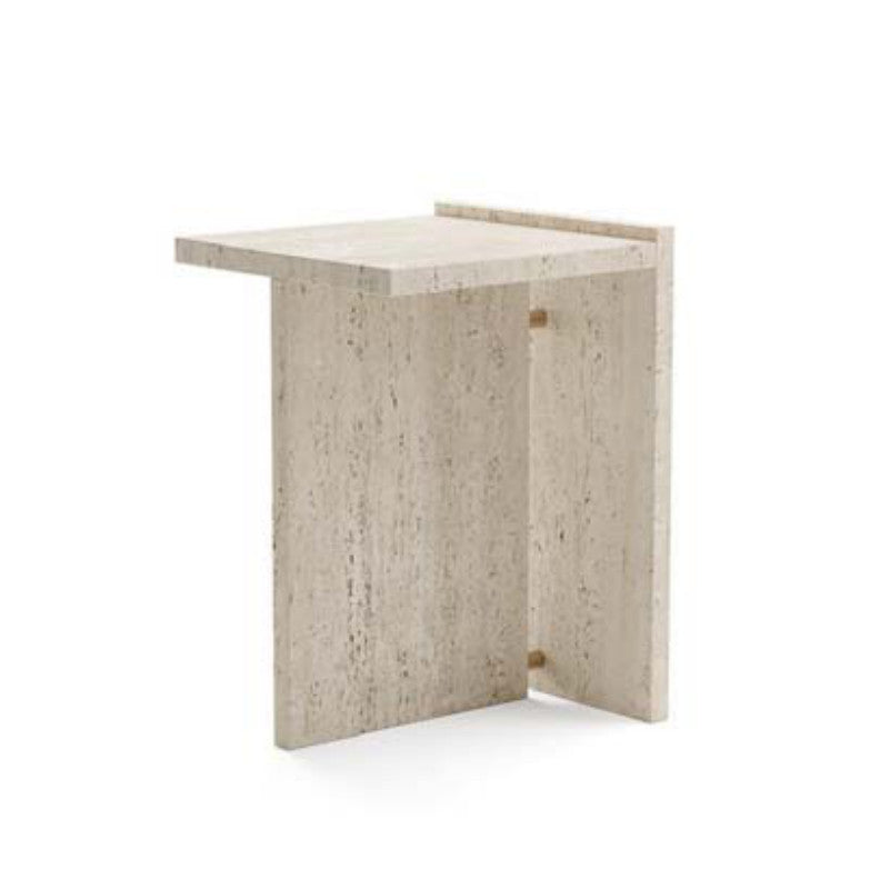 Pale textured stone side table with a square top and intersecting slab supports