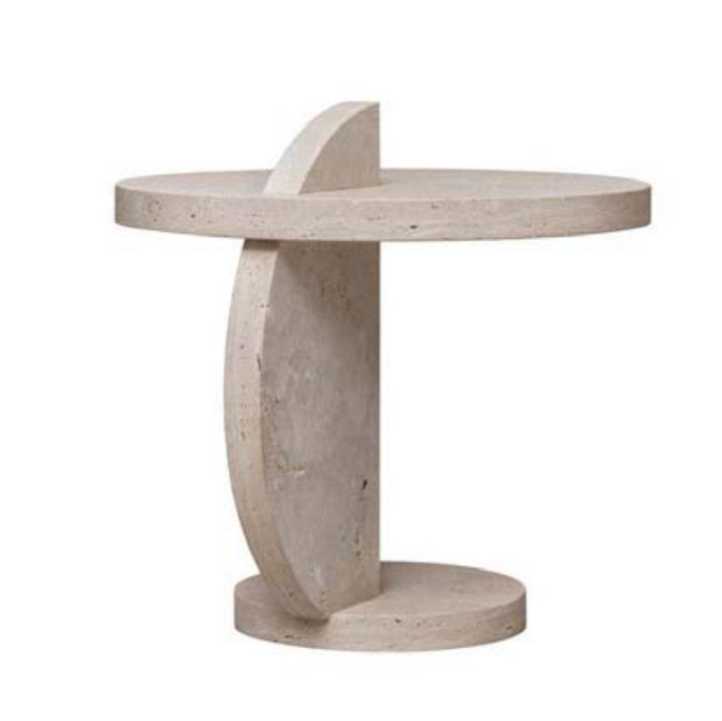 Beige stone side table with a round top, curved slab stem and circular foot