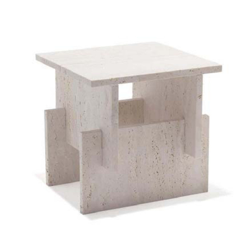 Pale textured stone side table with a square top and interlocking stepped slab supports