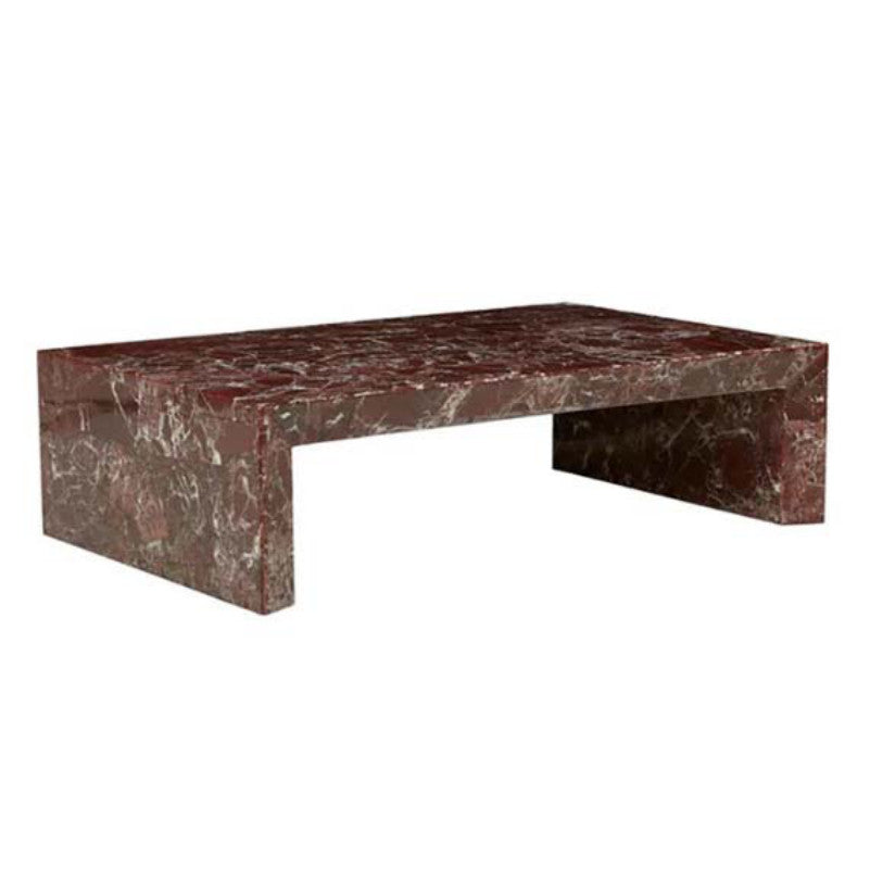 Dark red veined stone coffee table with a low rectangular frame and recessed top