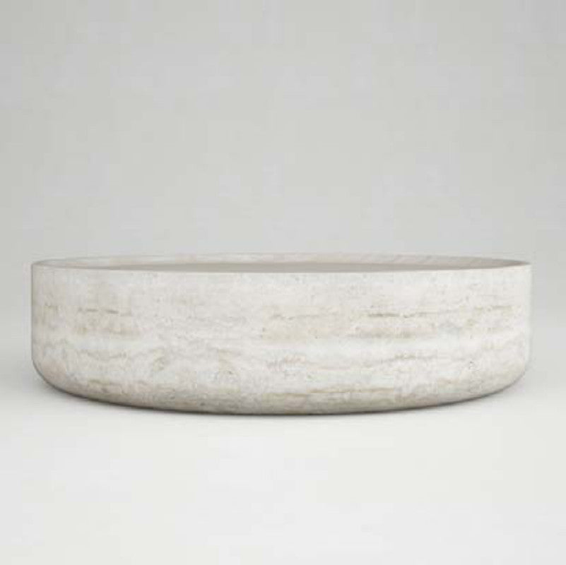 Pale banded stone coffee table with a low solid oval body and recessed top