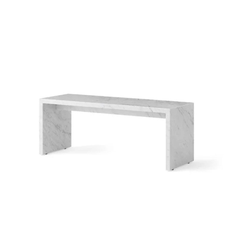 Pale veined stone coffee table with a narrow rectangular frame and straight slab sides