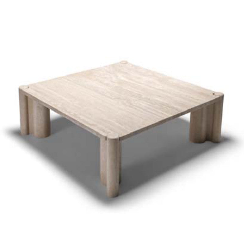 Beige banded stone coffee table with a square top and paired rounded legs at each corner
