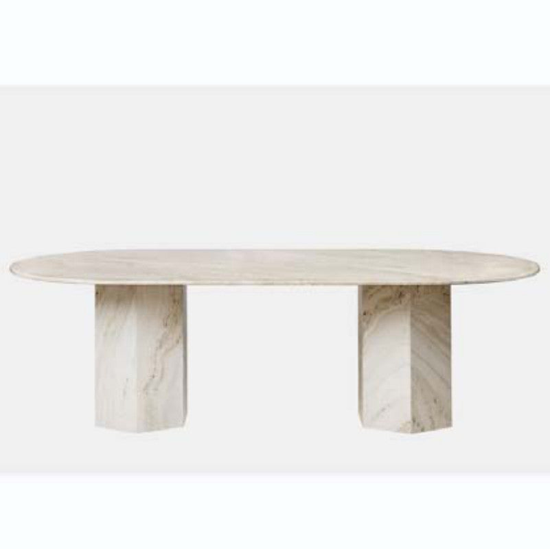 Cream and beige-veined stone console with an oval top and two angular column supports