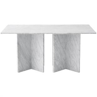 Rectangular pale veined stone dining table with two folded slab supports, front view