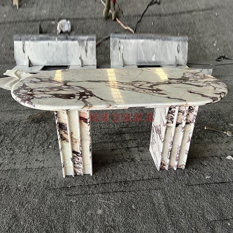 Oval Natural Stone Dining Table — Fluted Twin Legs, 120 × 108 cm