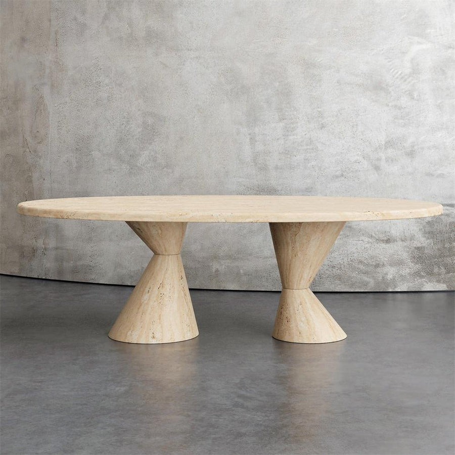 Pale stone dining table with two hourglass-shaped supports, front view