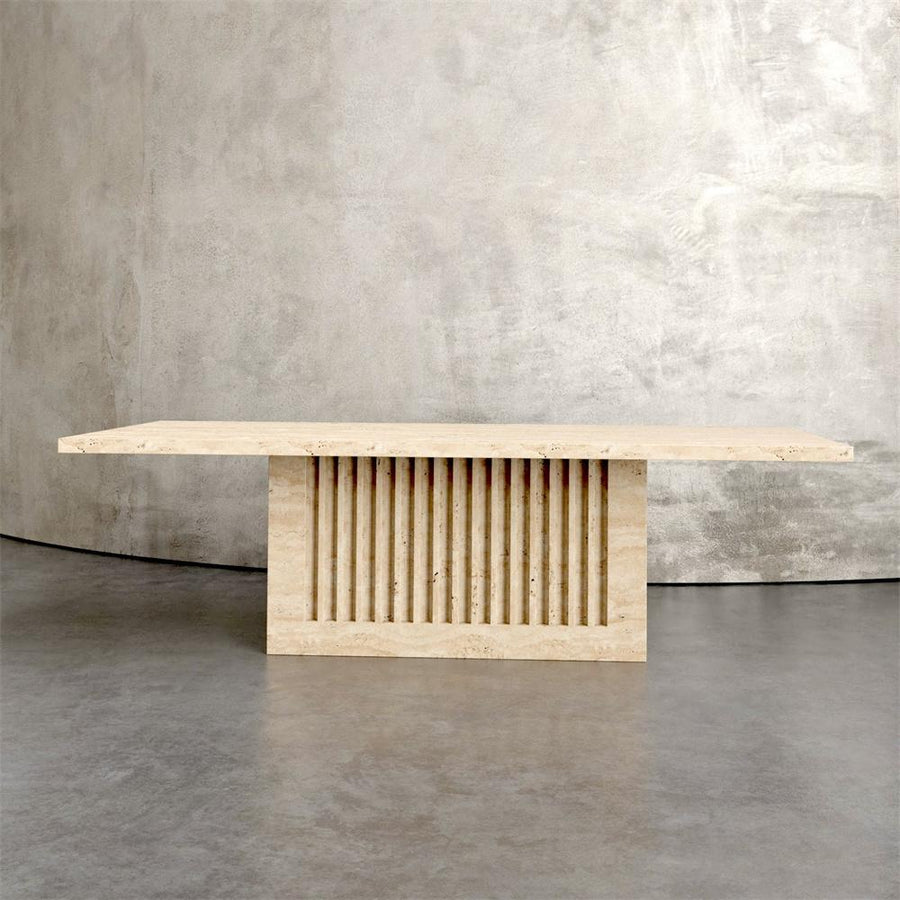 Pale stone dining table with a slatted rectangular base, front view