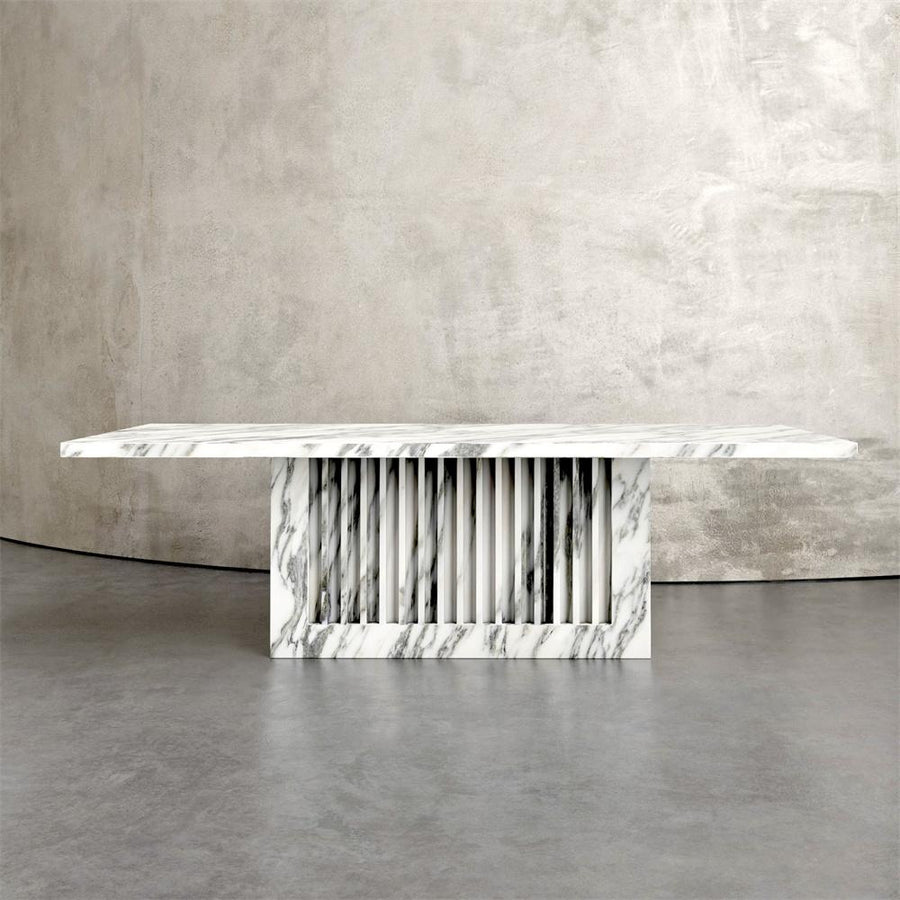 Pale veined stone dining table with a slatted rectangular base, front view