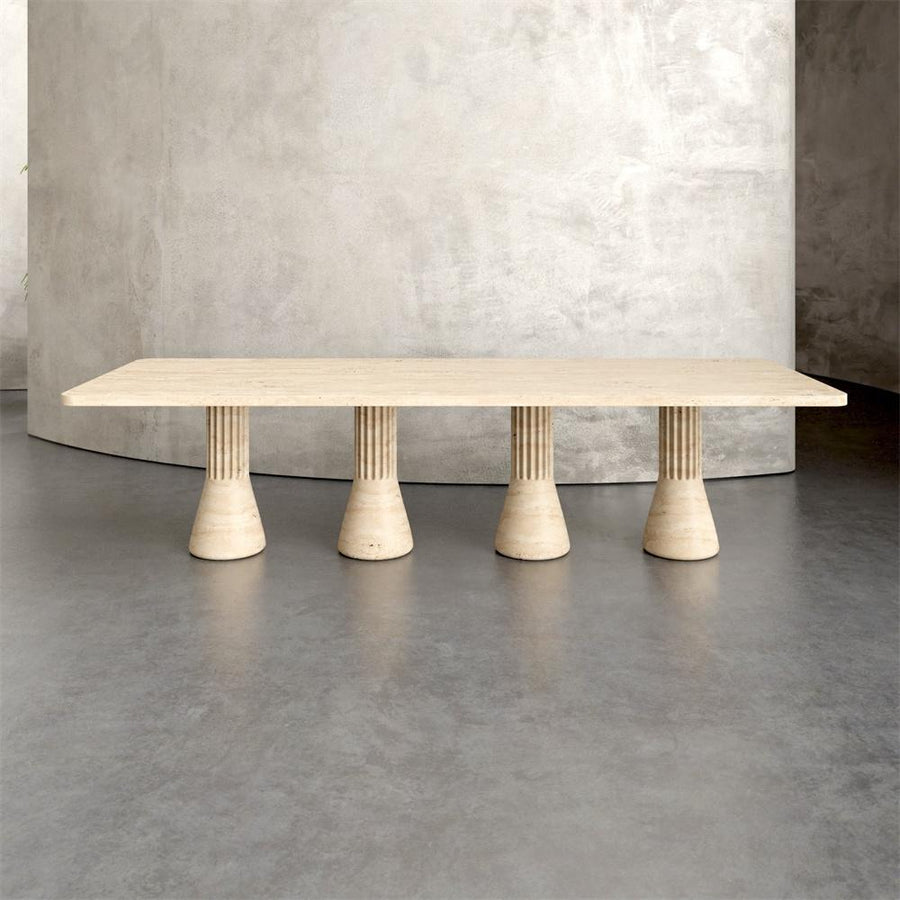 Rectangular pale stone dining table with four fluted tapered legs
