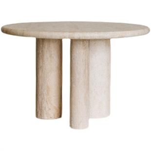Round pale stone dining table with clustered cylindrical legs, front view