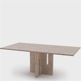 Rectangular stone dining table with intersecting slotted supports, three-quarter view