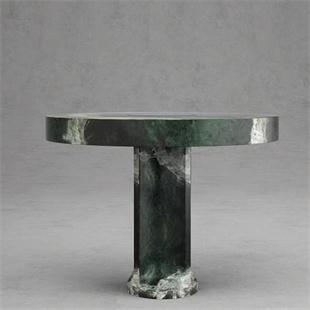 Dark green-toned stone dining table with a thick top and narrow pedestal, front view