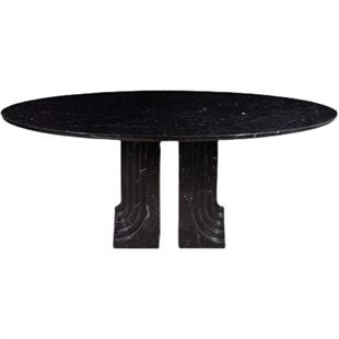 Oval black stone dining table with two grooved sculptural supports, front view
