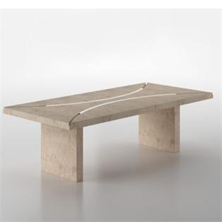 Rectangular pale stone coffee table with two slab legs and contrasting lines across the top