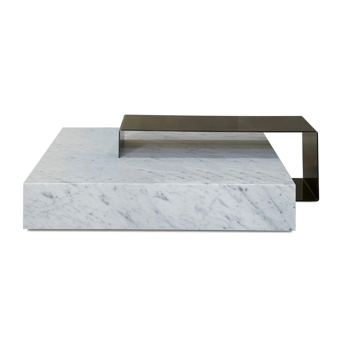 Square white veined stone plinth coffee table with a raised dark bridge-shaped section