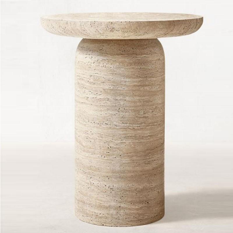 Round beige stone side table with a tray-like top and cylindrical pedestal, front view