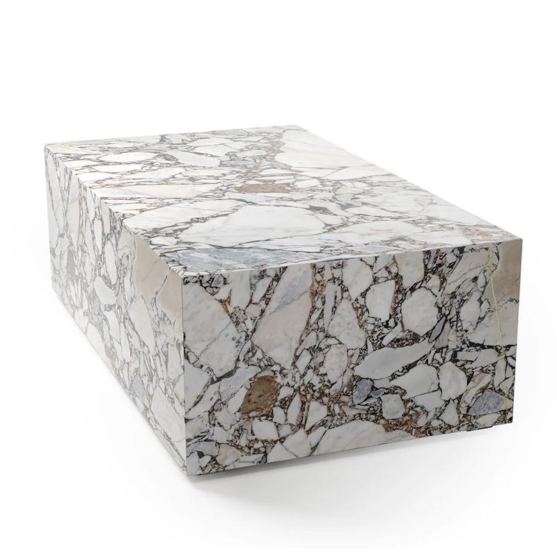 Rectangular strongly veined stone plinth coffee table, three-quarter view