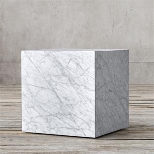 Square pale veined stone block side table, three-quarter view
