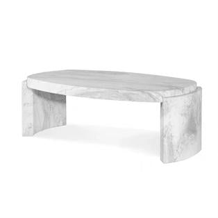 Oval pale veined stone coffee table with curved end supports, three-quarter view