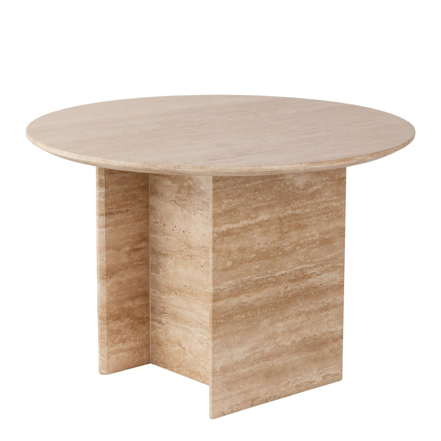 Round beige stone table with intersecting slab supports, three-quarter view