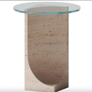Round transparent tabletop on a curved pale stone pedestal, front view
