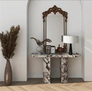 Veined stone console with a slim rectangular top and two slab legs beneath an ornate mirror