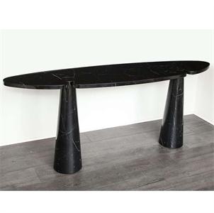 Oval black stone console with two tapered cylindrical supports