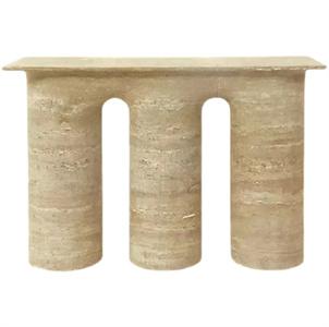 Beige stone console with three broad supports joined by arched openings