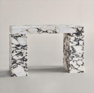 Rectangular pale veined stone console with a thick top and two slab legs