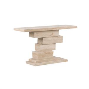 Pale stone console with a rectangular top and stacked offset block pedestal