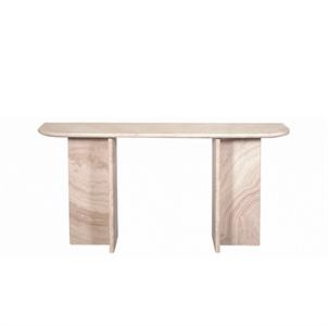 Oval pink banded stone console with two slab supports