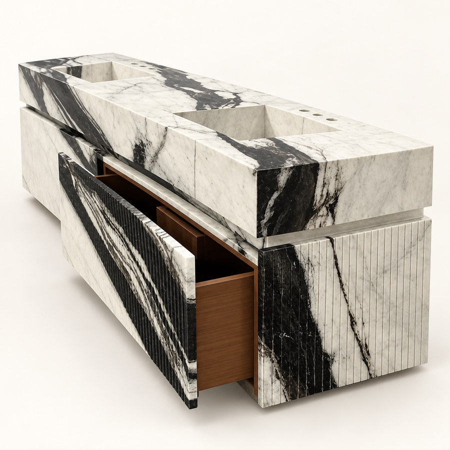 Panda White Double Vanity, studio three-quarter view