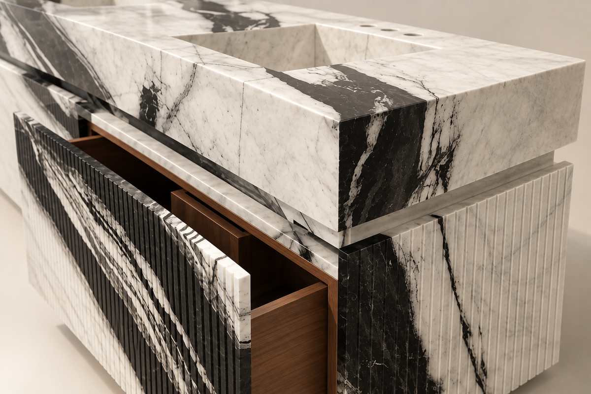 Panda White Double Vanity structural detail with fluted side and open drawer