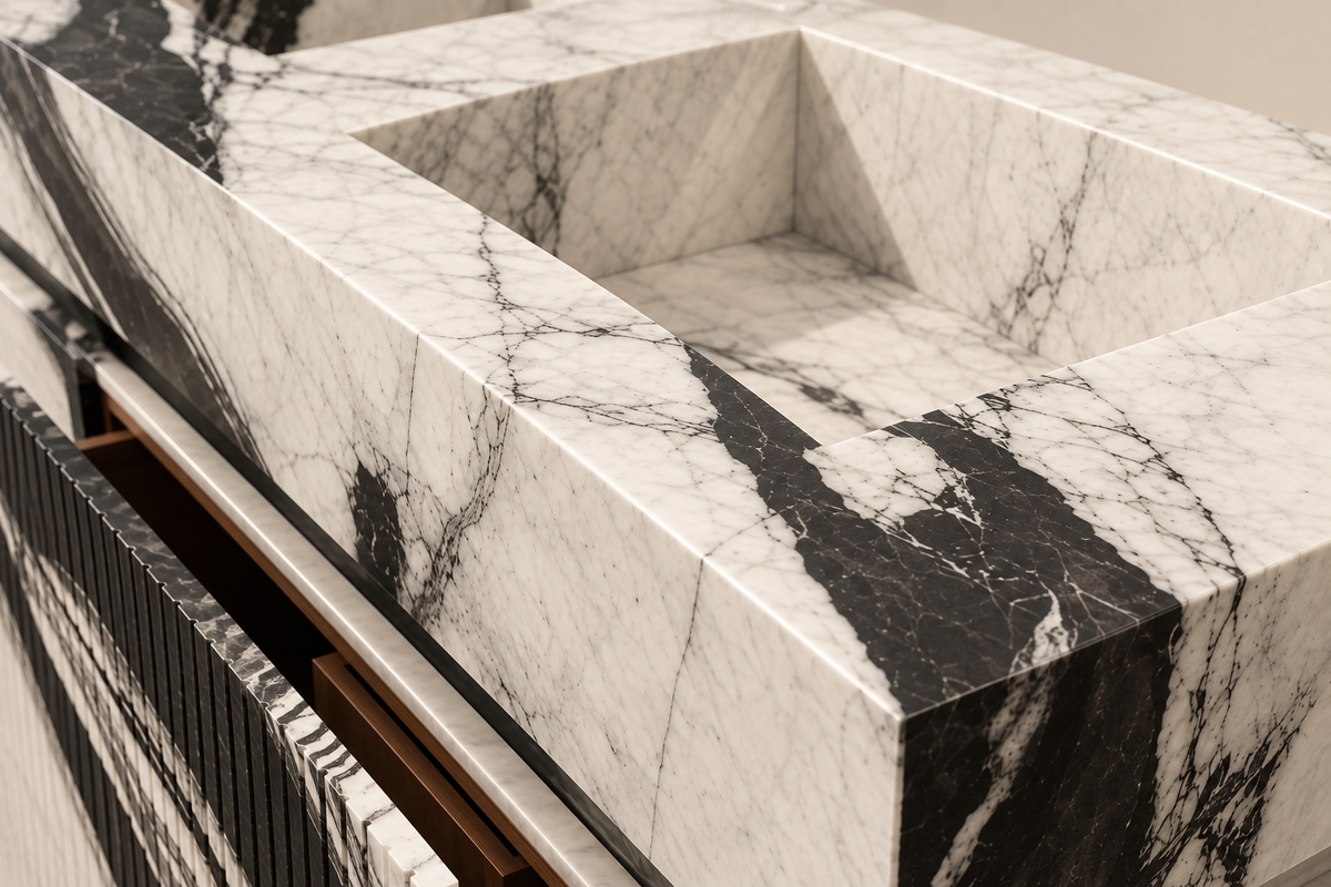 Panda White marble basin edge and inner sink detail