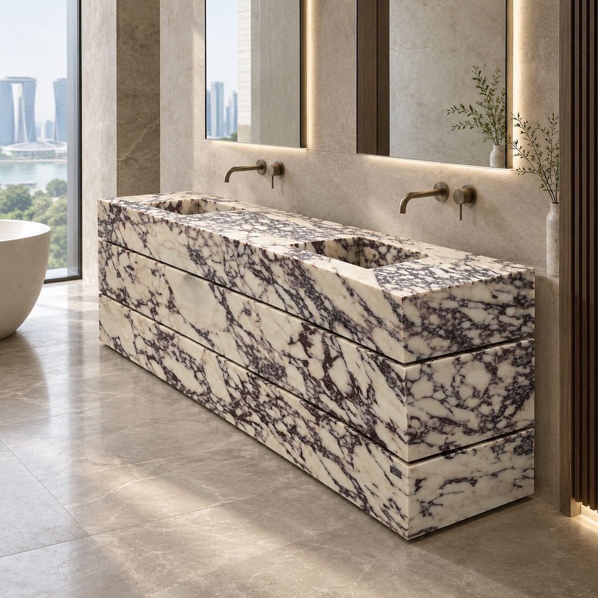 Calacatta Viola Double Vanity in a premium Singapore bathroom interior.