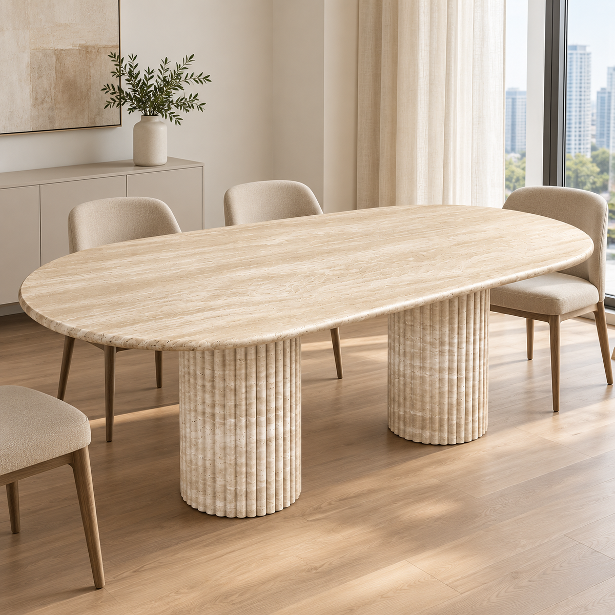 Oval Light Beige Travertine Dining Table in a contemporary Singapore condominium dining room.