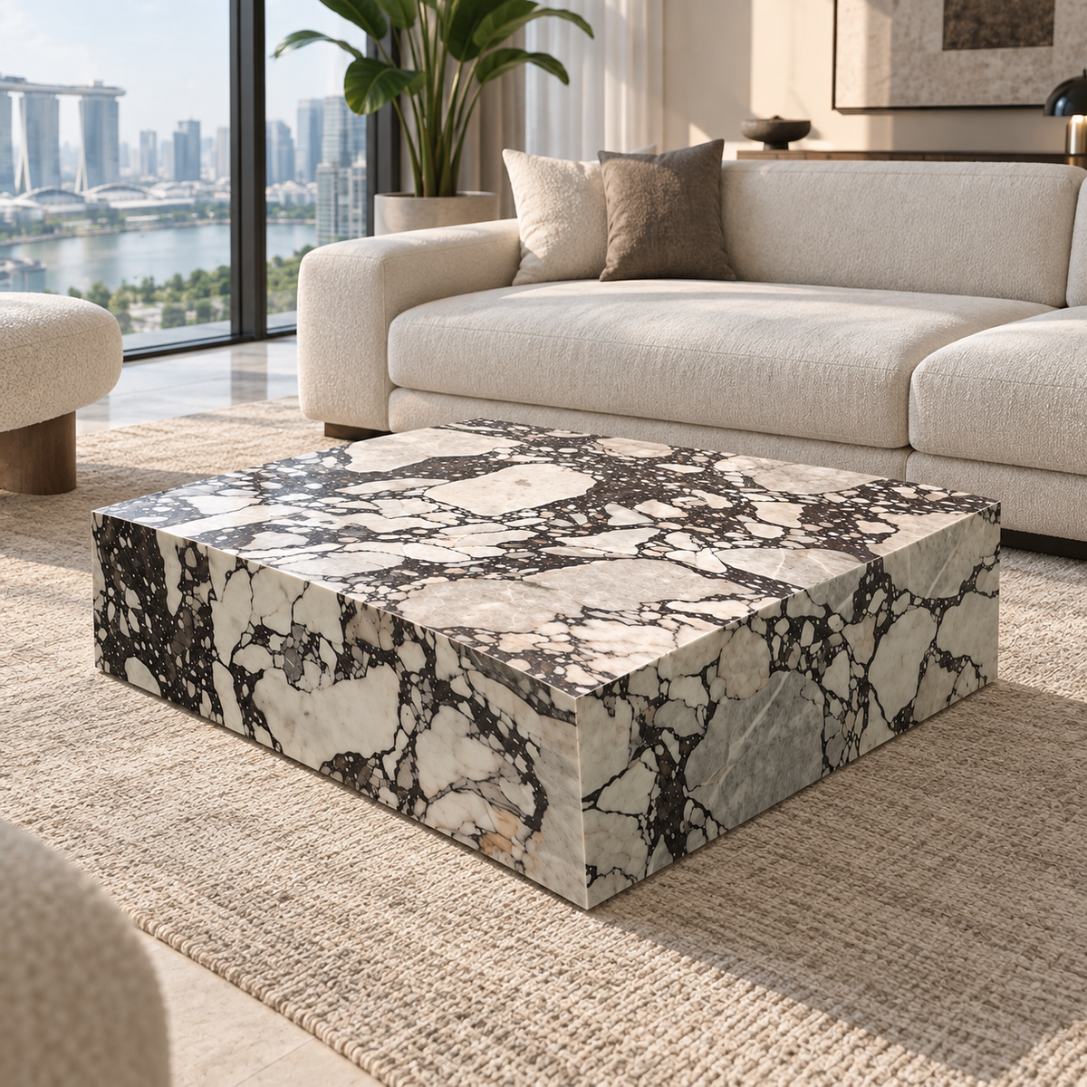 Viola Plinth MS-02 marble coffee table in a contemporary Singapore condominium living room.