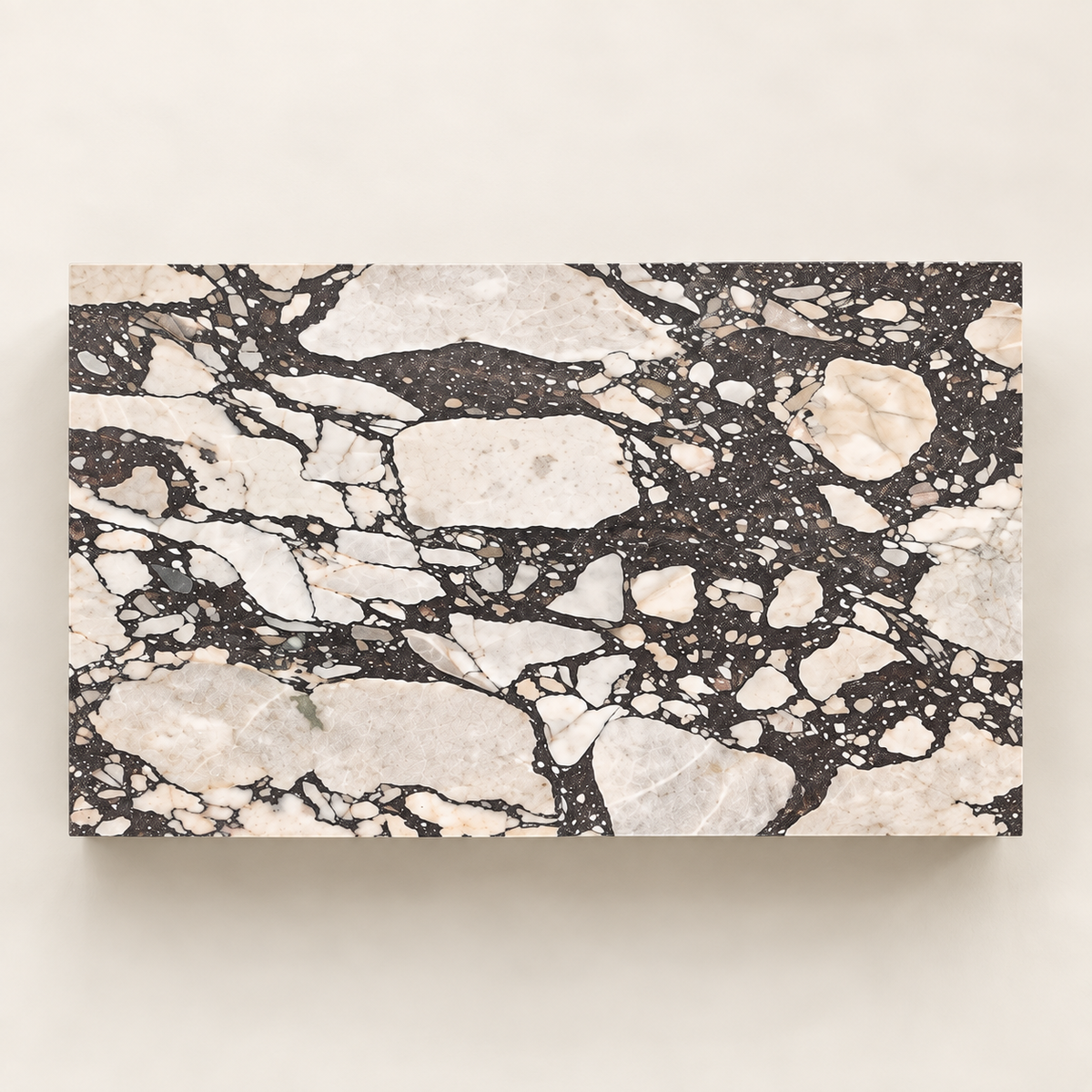 Top view of the Viola Plinth MS-02 rectangular Turkish Calacatta Viola marble coffee table.