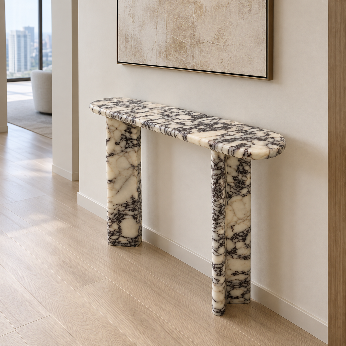 Viola marble console table in a contemporary Singapore condominium entryway, shown against an ivory wall with light wood flooring.
