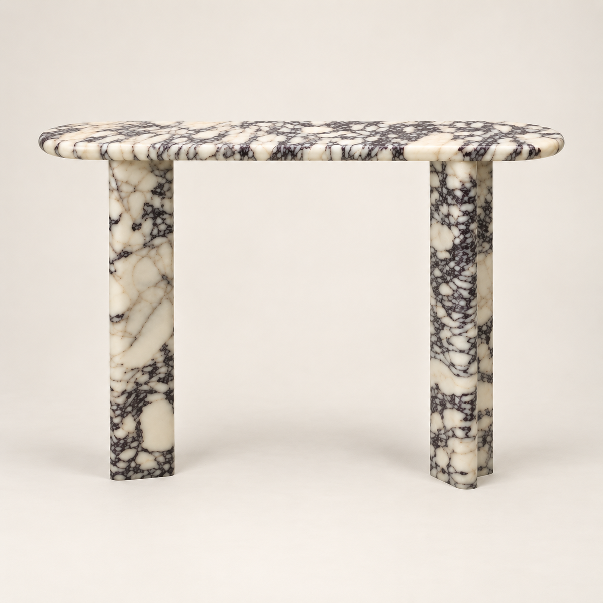 Viola marble console table, corrected near-front studio view showing the 100 cm by 75 cm proportions and two tall stone supports.