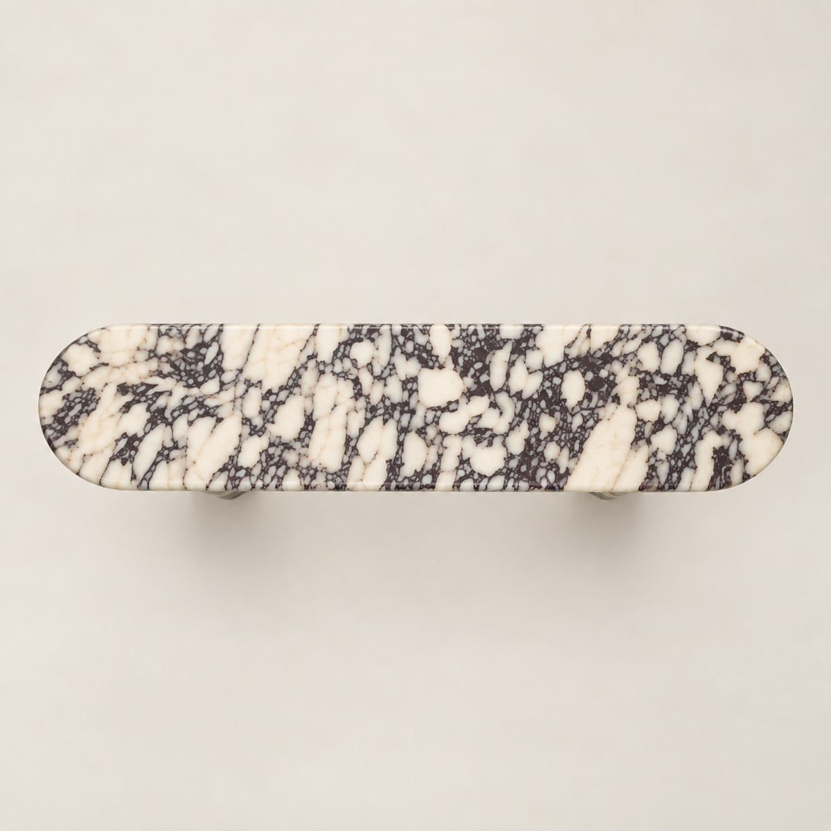 Top view of the Viola marble console table showing the slim 100 by 25 cm rounded Calacatta Viola tabletop.