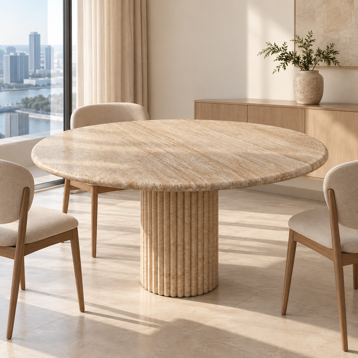 Fluted round light beige travertine dining table in a contemporary Singapore condominium dining room