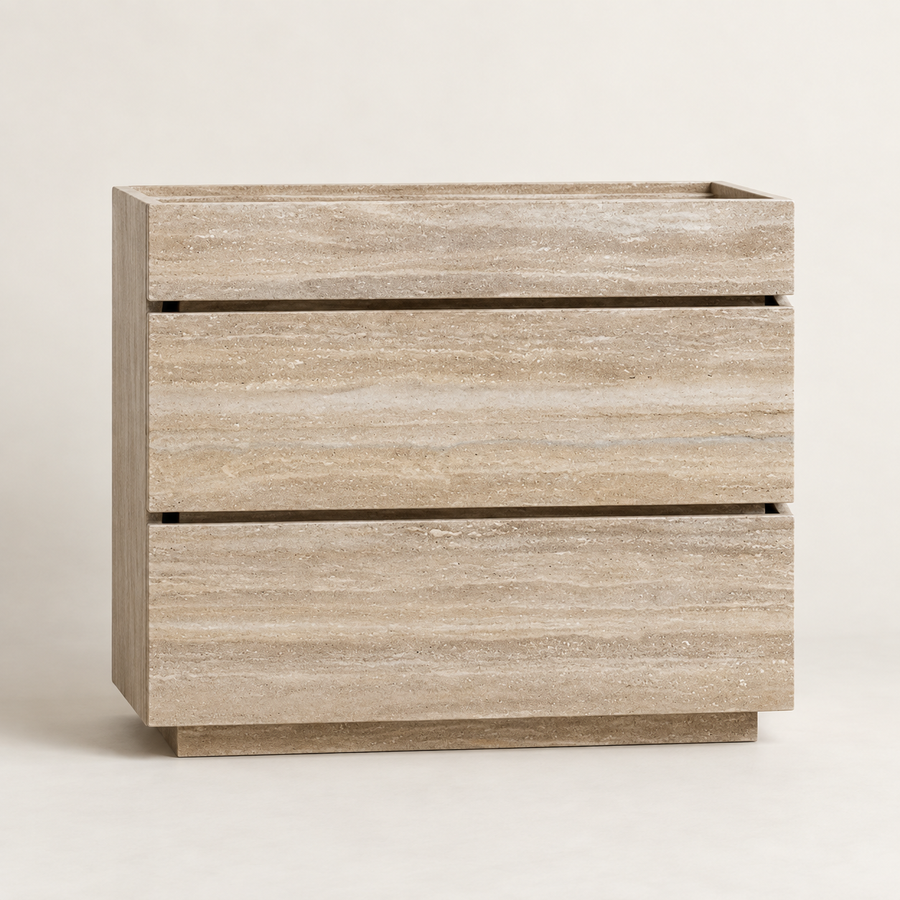 Light Beige Travertine Single Vanity, front studio view on an ivory background.